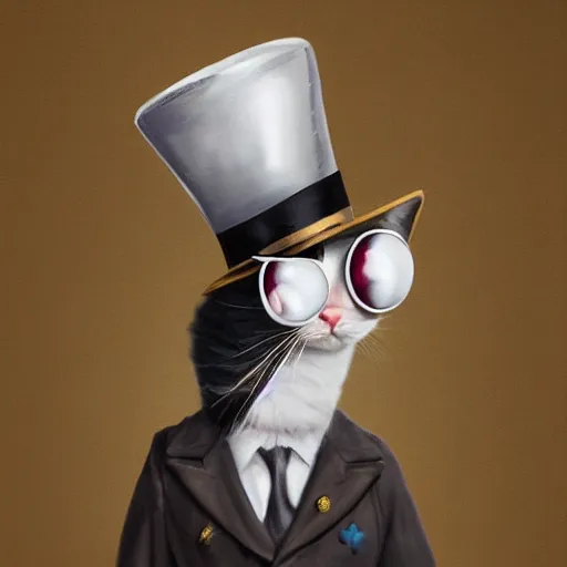 Image similar to Kitty with a tophat and monocle riding a unicycle, hyperrealistic painting 4K digital art trending on artstation