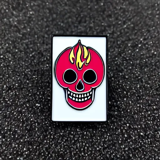 Prompt: a highly detailed retro minimalistic smiling happy skull warning label with fire flame enamel pin, black and white color