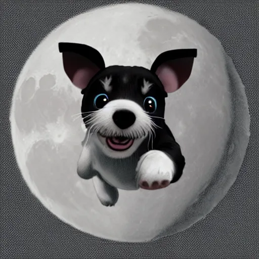 Image similar to cute jack black and white russel terrier jumping over a smiling moon, large round eyes, concept art, game art, character sheet, character design, by cory loftis and bill schwab