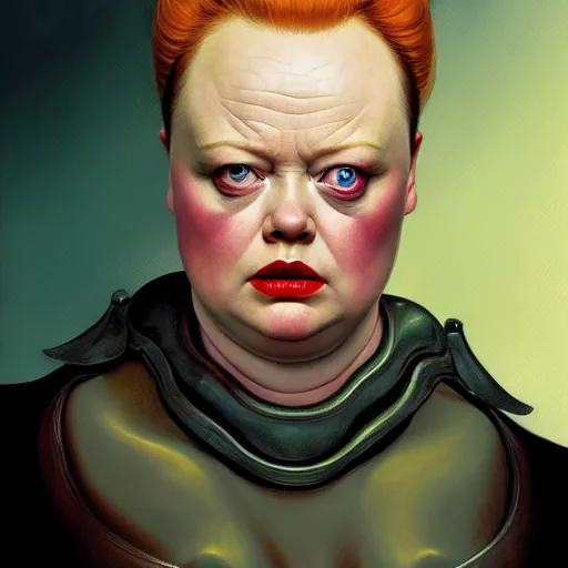 Image similar to dramatic upper body portrait of Thora Birch as baron harkonnen by norman rockwell and boris vallejo, artstation, concept creature character art