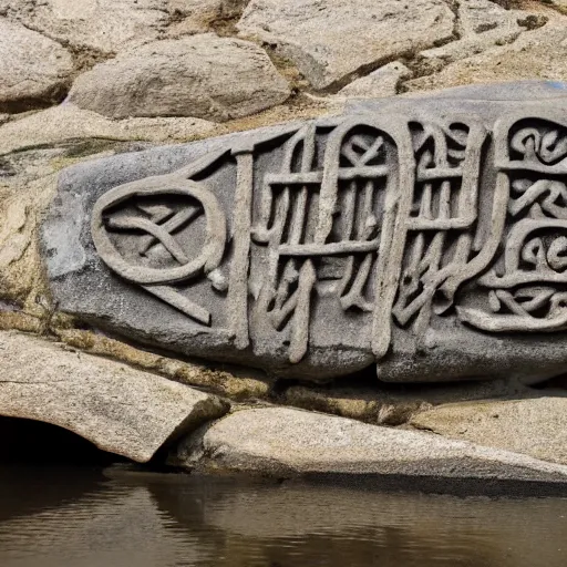 Image similar to detailed footage of european writing in stone in a river, photographic journalism, hunger stones, realistic, european river, carvings of drought and famine