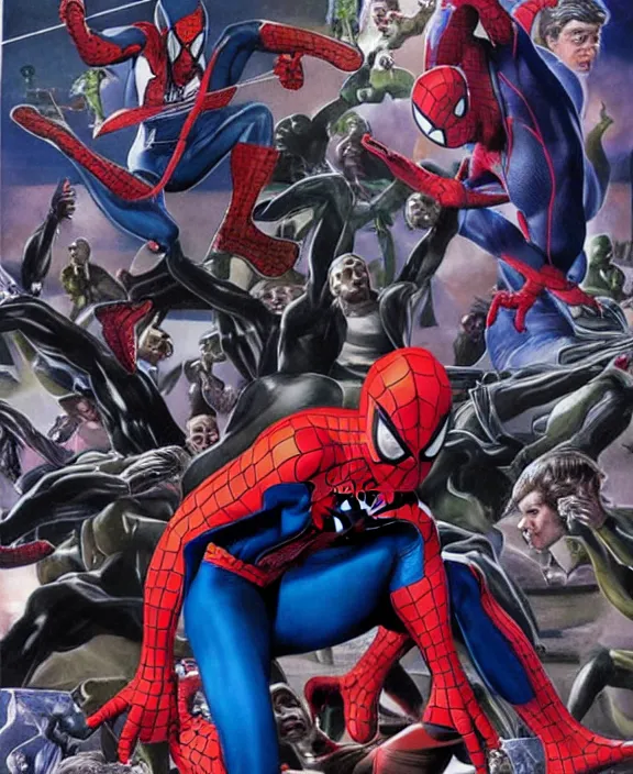 Image similar to an epic, full body shot of spider - man, art by alex ross