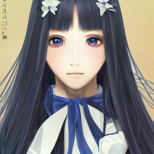 Prompt: An ultradetailed portrait of Japanese girl with white long hair, dark blue eyes, symmetrical facial features, digital art, cel shading, dreamy and ethereal, by Shinkai Makoto ,Kyoto Animation, anime illustration, trending on Pixiv.