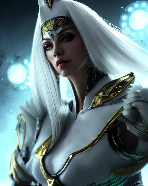 Image similar to perfect white haired attractive egyptian goddess, warframe armor, beautiful, symmetric, dreamy, half asian, pretty face, green eyes, charlize theron, detailed, scifi platform, laboratory, experiment, 4 k, ultra realistic, epic lighting, android body, illuminated, cinematic, masterpiece, art by akihito tsukushi, voidstar