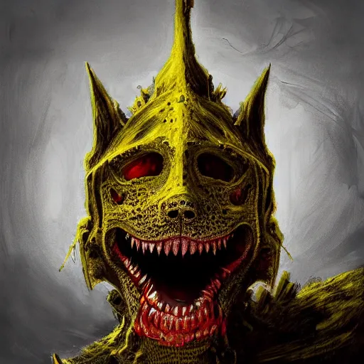 Prompt: digital drawing of a yellow monster dog with iron armor and fangs protruding from its snout, concept art, hyper detailed, global light, painted, dark yellow and dark red, low contrast, opaque scene, hdr 8 k, by zdzisław beksinski, seb mckinnon, trending on artstation, cgsociety, deviantart