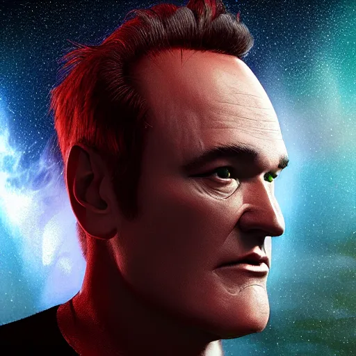 Image similar to hyperrealistic film still of quentin tarantino in space, stunning 3 d render, inspired by istvan sandorfi & greg rutkowski & unreal engine, perfect symmetry, dim volumetric cinematic lighting, 8 k octane comprehensive render, extremely hyper - detailed, incredibly lifelike attributes, intricate, real flesh texture, masterpiece, artstation, stunning,