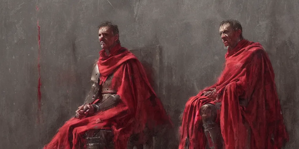 Image similar to the end is near. a tired julius caesar is sitting on his throne. face is highly detailed. splices of red are running down his toga. mist. color scheme red. low angle medium shot. imagined by jeremy lipking