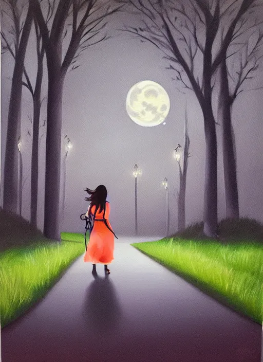 Image similar to young brown woman walking her dog in a park at night with a full moon, acrylic painting, photoreal, fantasy