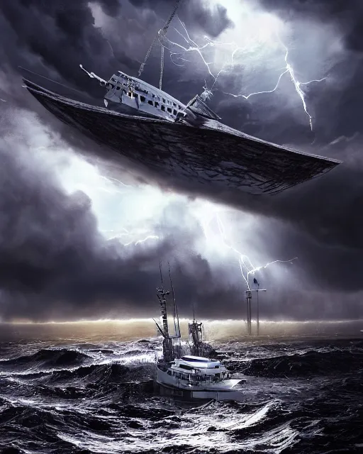 Image similar to a fishing boat on stormy seas, a gigantic star destroyer spaceship flying overhead, the gigantic star destroyer spaceship is emerging from storm clouds, sunset lighting, stormy weather, dramatic lighting, lightning, unreal engine, hyper realism, realistic shading, cinematic composition, realistic render, octane render, detailed textures, photorealistic, ultrawide shot, 1 6 mm lens