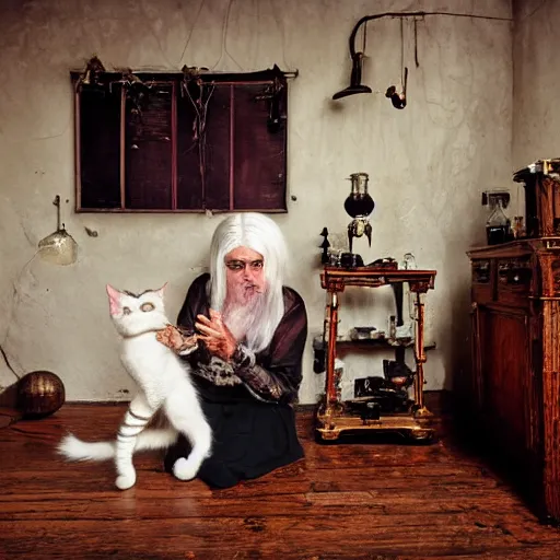 Image similar to full body protrait beautifull witch with white hair in old room. A cristal ball on a wood table with a potions and old instruments. A cat on the floor licking his paw. photorealistic, profesional photo, by Steve McCurry