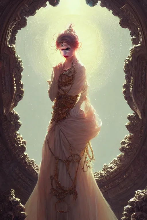 Image similar to highly detailed portrait of beautiful ethereal woman in ornate clothing, stephen bliss, unreal engine, fantasy art by greg rutkowski, loish, rhads, ferdinand knab, makoto shinkai and lois van baarle, ilya kuvshinov, rossdraws, tom bagshaw, global illumination, radiant light, detailed and intricate environment