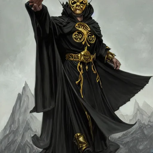 Image similar to Cult leader wearing black robes and a golden mask as a fantasy D&D character, portrait art by Donato Giancola and James Gurney, digital art, trending on artstation