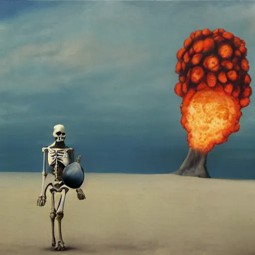 Image similar to a skeleton walking on a beach next to the ocean with nuclear bomb explosion in the background, a surrealist painting by Storm Thorgerson, featured on cg society, matte painting, naturalism, chillwave, anatomically correct