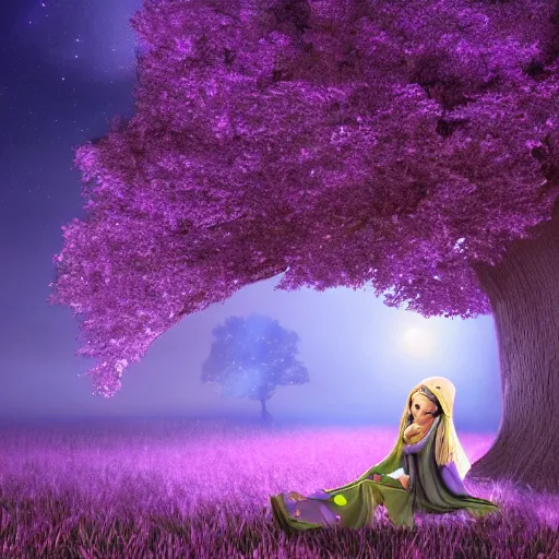 Prompt: woman elf sleeping under a big purple tree at night