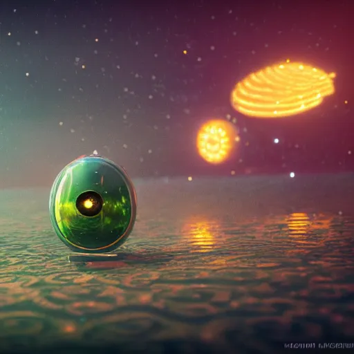 Image similar to tiny wooden spaceship, floating, rbc, radiolaria, protophyta, micro - organisms, center frame, symmetric, rim light, marine microbiology, bioluminescence, electric, soft, concept art, intricate details, highly detailed, colorful, photorealistic, disney pixar, octane render, iridescent, anime, 8 k