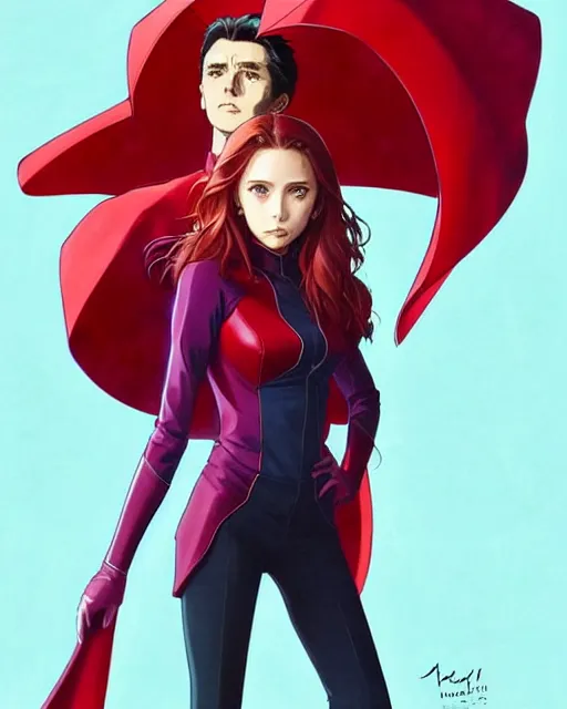 Image similar to Anime as Elizabeth Olsen playing Scarlet Witch || cute-fine-face, pretty face, realistic shaded Perfect face, fine details. Anime. realistic shaded lighting poster by Ilya Kuvshinov katsuhiro otomo ghost-in-the-shell, magali villeneuve, artgerm, Jeremy Lipkin and Michael Garmash and Rob Rey as Scarlet Witch in New York cute smile