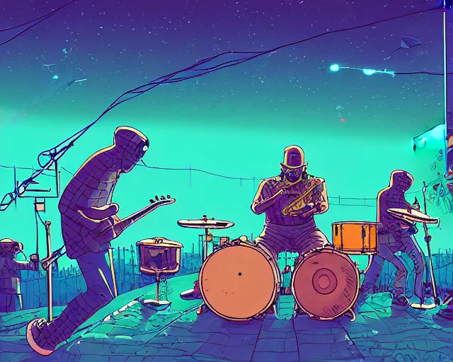 Image similar to a study of cell shaded cartoon of a band playing a microKorg synthesizer and drums floating above a country road, street lamps, road, illustration, wide shot, subtle colors, post grunge, concept art by josan gonzales and wlop, by james jean, Victo ngai, David Rubín, Mike Mignola, Laurie Greasley, highly detailed, sharp focus, Trending on Artstation, HQ, deviantart, art by artgem