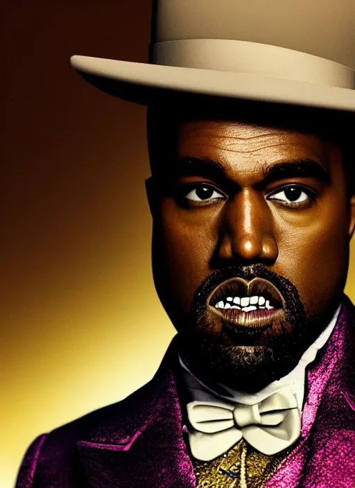 Image similar to portrait kanye west as willy wonka in django unchained, splash art, movie still, cinematic lighting, ray tracing, octane render, long lens, shallow depth of field, bokeh, anamorphic lens flare, 8 k, hyper detailed, 3 5 mm film grain