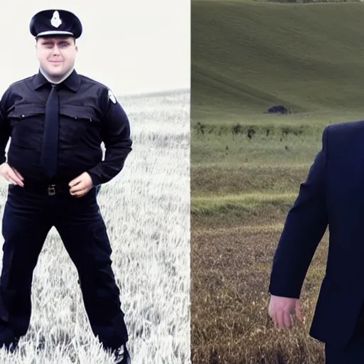 Image similar to clean - shaven chubby chubby chubby 3 2 year old caucasian man from uk. he is wearing navy police sweater and necktie and black boots and police helmet. he is standing in a field.