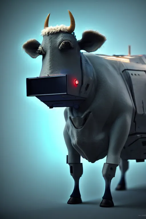 Image similar to high quality 3 d render sci - fi very cute cyborg cow shaggy! hybrid! drinking beer, highly detailed, unreal engine cinematic smooth, in the style of blade runner & detective pikachu, hannah yata charlie immer, dark blue neon light, low angle, uhd 8 k, sharp focus