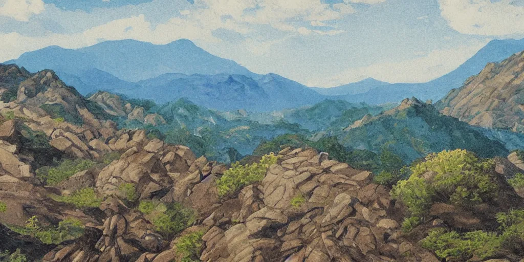 Image similar to grand landscape of rocky hills, art by kotaro chiba