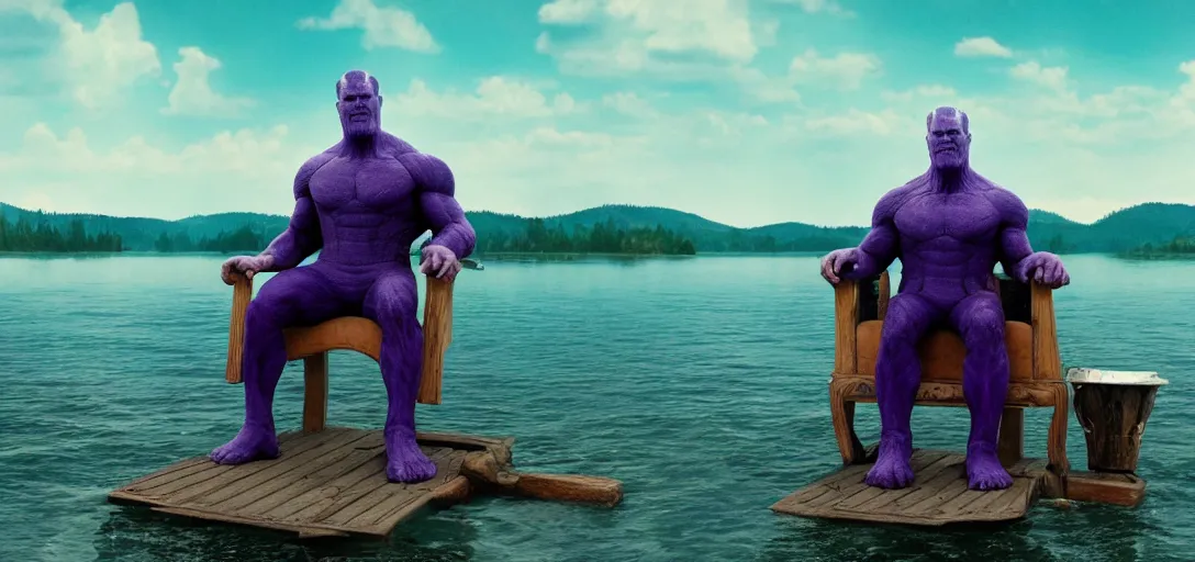 Image similar to a very high resolution image from a new movie. thanos sitting on chair in a lake, photorealistic, photography, directed by wes anderson