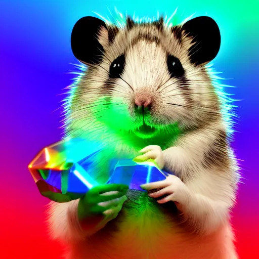 Image similar to cyberpunk hamster! holding rainbow! gem! crystal, neon lights, light reflection, 8 k, hd