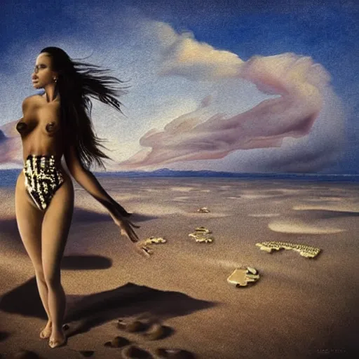 Prompt: A surreal painting of a puzzle of a beautiful woman on a desert beach with scattered puzzle pieces by Salvador Dali, dark vibes, high contrast, cinematic, depth of field