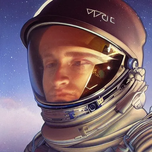 Image similar to a close up painting of an astronaut floating in space. his helmet visor is dark and reflective. you can see the reflection of flowers in his helmet visor. by artgerm and greg rutkowski and alphonse mucha