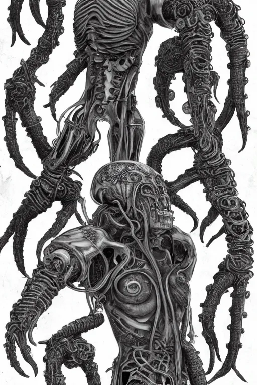 Prompt: cyborg dreadlock mutant with gunmetal grey skin, medical anatomy, very symmetrical face, highly detailed, tentacles mecha implants, three - perspective / three - view reference sheet ( front / back / side ), in the style of dan ouellette, dren from splice, hr giger, sil from species, artstation, unreal engine