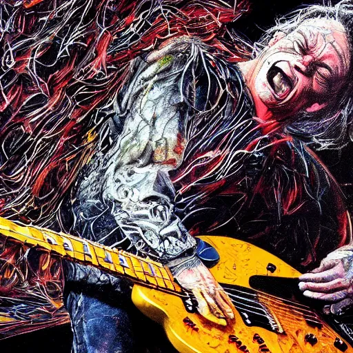Prompt: A stunning illustration of eddie van halen playing guitar on stage, hyperdetailed mixed media artwork combining the styles of Stephen Gammell and Bill Sienkiewicz, wild power, frantic excitement, perfectly symmetrical facial features, 8k, deeply detailed, cinematic lighting