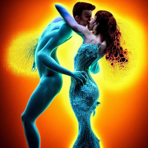 Image similar to Two ballroom dancers dissolving into an explosion of particles, half body shot, waist up, oil spill, neon blue color scheme and lighting, 3d octane render, insanely detailed and intricate, super detailed, fluid sim, golden ratio, ornate, luxury, elite, mark ryden, realistic 3D, hyper realistic