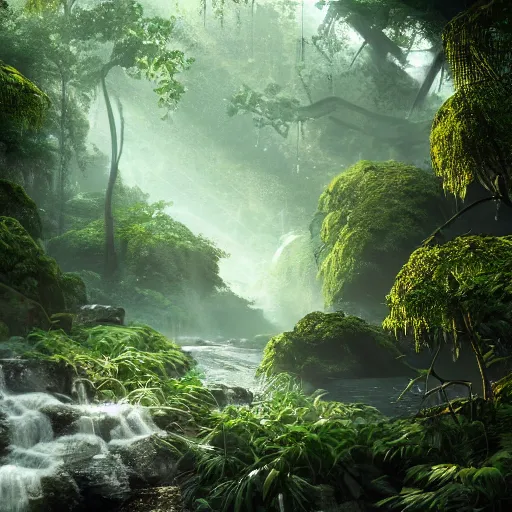 Image similar to Loving romantic drawing of a deep rain forest, light rays from the tree tops, small river on the ground, many avatars, hypermaximalistic, high details, cinematic, 8k resolution, beautiful detailed, insanely intricate details, artstation trending, octane render, unreal engine