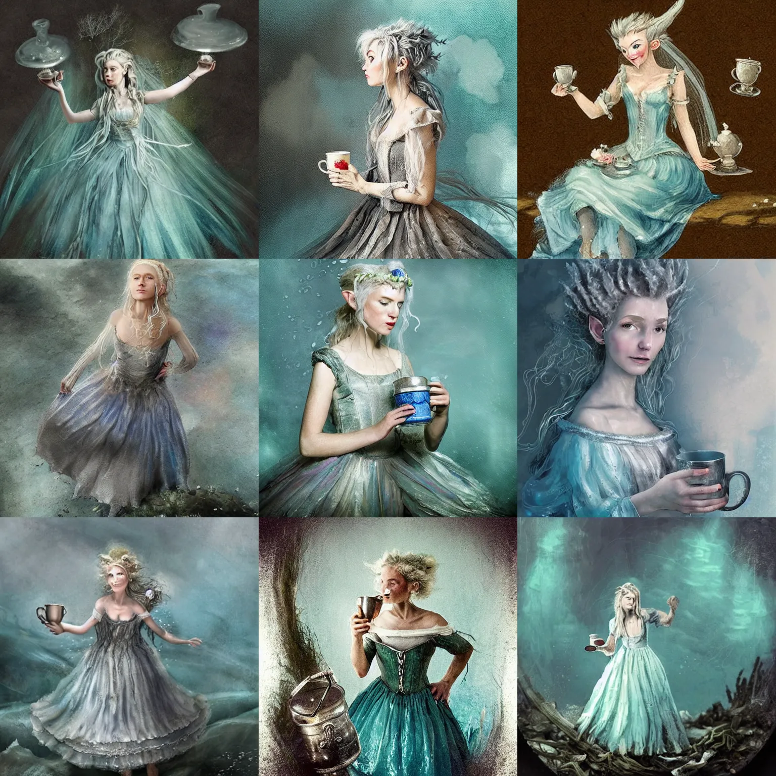 Prompt: A 18th century, messy, silver haired, (((mad))) elf princess, dressed in a ((ragged)), wedding dress, is ((drinking a cup of tea)). Everything is underwater and floating. Greenish blue tones, theatrical!, ((((underwater lights)))), fantasyconcept art, inspired by John Singer Sargent's Lady Macbeth