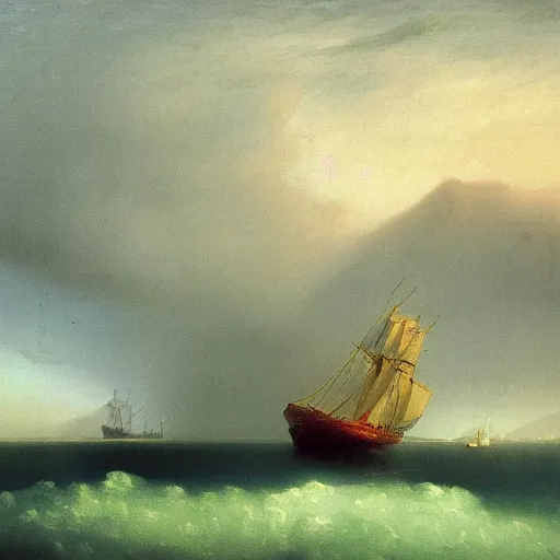 Image similar to minimalist symmetrical red clouds and green ocean in iceland fjord with tall sailboat painting by ivan aivazovsky