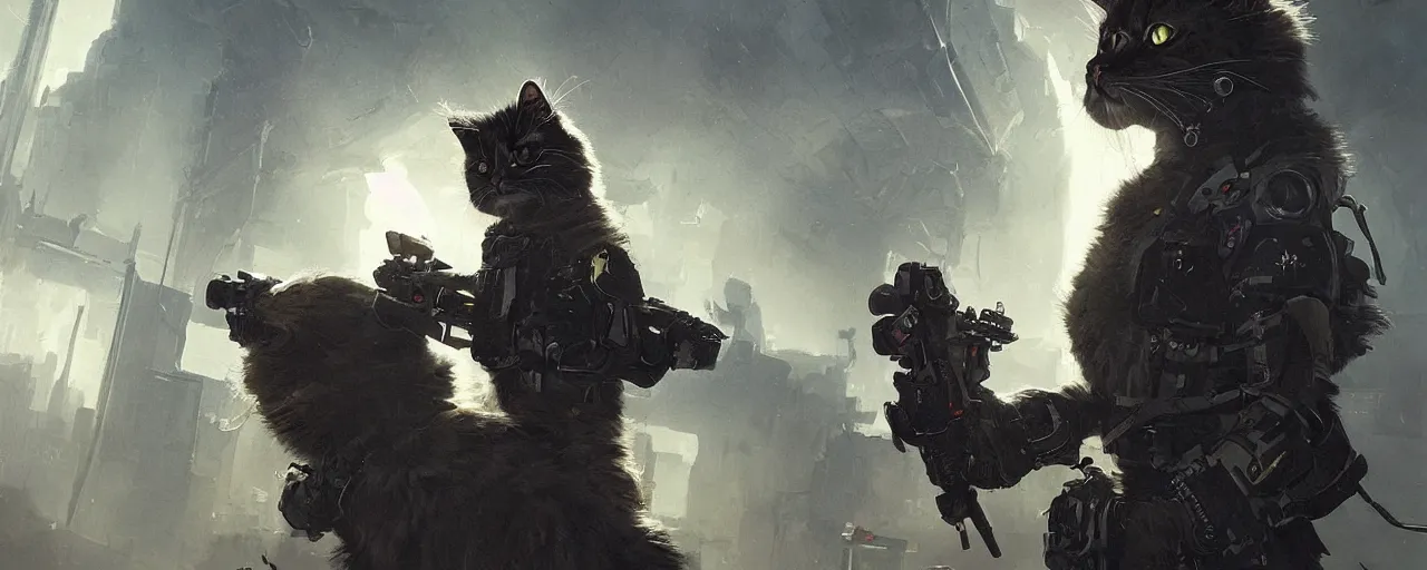 Prompt: a portrait of a futuristic cyberpunk british longhair cat soldier in war scene, epic scene, epic lighting, by greg rutkowski