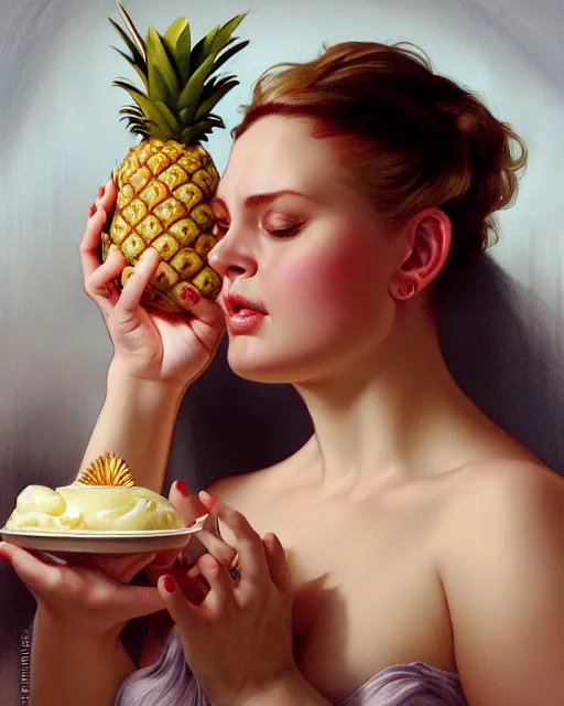 Image similar to Portrait of a fat drunk blond woman eating a pineapple dessert,real life skin, intricate, elegant, highly detailed, artstation, concept art, smooth, sharp focus, art by artgerm and greg rutkowski and alphonse mucha