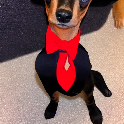 Prompt: pinscher wearing a black tuxedo and a red tie