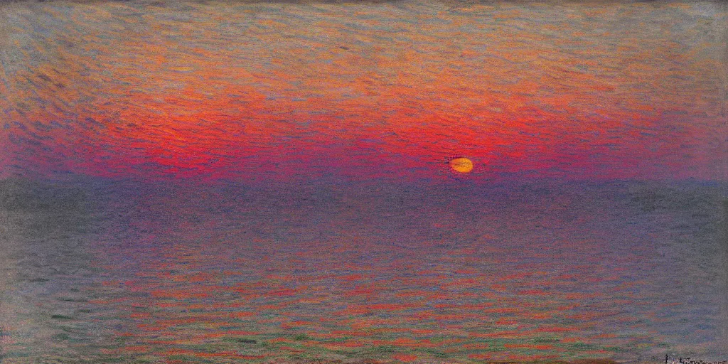 Image similar to An aesthetically pleasing, dynamic, energetic, lively, well-designed digital art of a sunset, light and shadow, caustics, by Claude Monet, superior quality, masterpiece, excellent use of negative space.