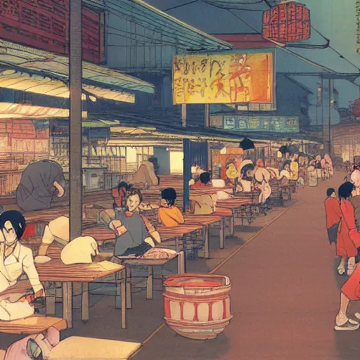 Image similar to a hawker centre at night, by satoshi kon