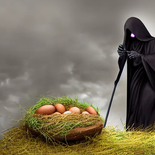 Prompt: stunning nature photo of grim reaper protecting its eggs, national geographic, photorealistic, 8K