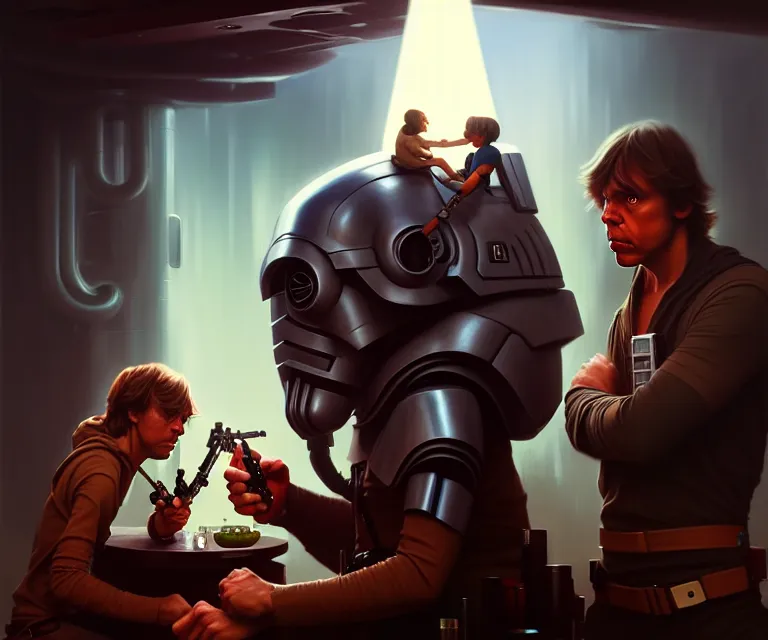 Prompt: grogu meets luke skywalker at the cantina in moss eisley, dramatic lighting, electrical details, high details, 8 k, best, accurate, trending on artstation, photorealism, ultrarealistic, digital painting, style of peter mohrbacher, caravaggio, boris vallejo