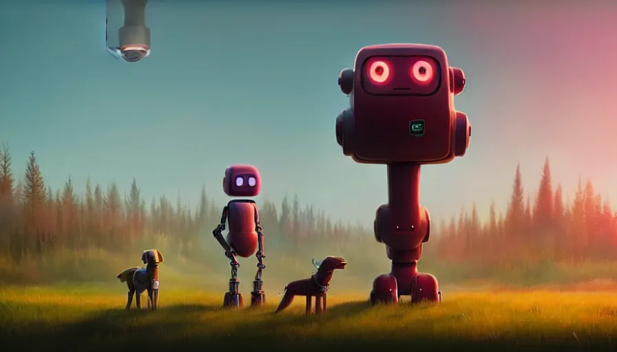 Image similar to tall cute robot with his best dog friend, by Simon Stalenhag, unreal engine, octane render, 8k, rule of thirds