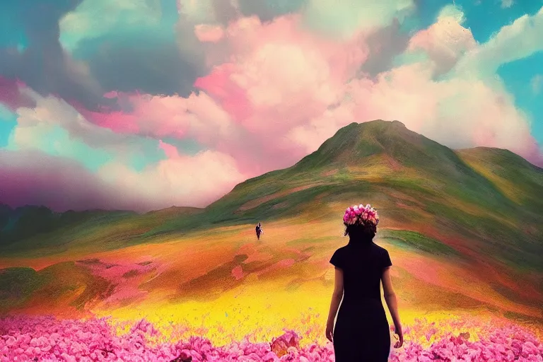 Prompt: giant dahlia flower crown head, woman walking on mountain, surreal photography, pink storm clouds, dramatic light, impressionist painting, digital painting, artstation, simon stalenhag