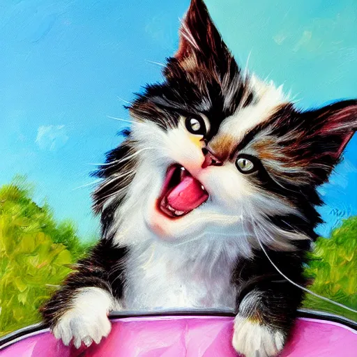 Prompt: a kitten riding a chevrolet convertible with its arms in the air, laughing. oil painting.