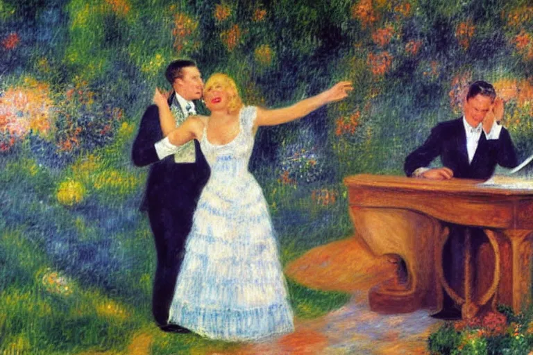 Prompt: frank sinatra and peggy lee singing at the hollywood bowl, by renoir and margaret keene and monet,