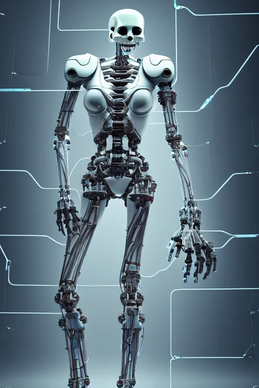 Image similar to a robot holding a human skull on its hand, perfect symmetrical body, full body shot, inflateble shapes, wires, tubes, veins, white biomechanical, wearing epic bionic cybor implants, masterpiece, intricate, biopunk vogue, highly detailed, artstation, concept art, cyberpunk, octane render