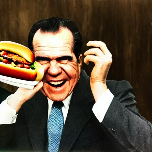 Prompt: Richard Nixon eating a hotdog, hyper realistic, HD, HQ, photo realistic