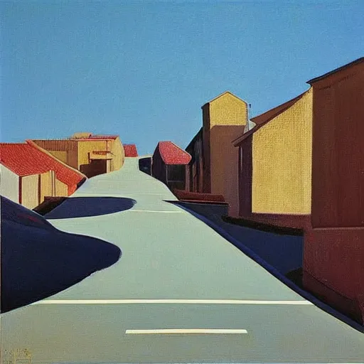 Image similar to “Wayne thiebaud painting of hilly streets and blue skies”