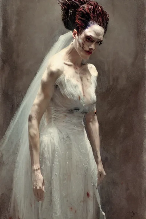 Image similar to Richard Schmid and Jeremy Lipking full length portrait painting of the Bride of Frankenstein